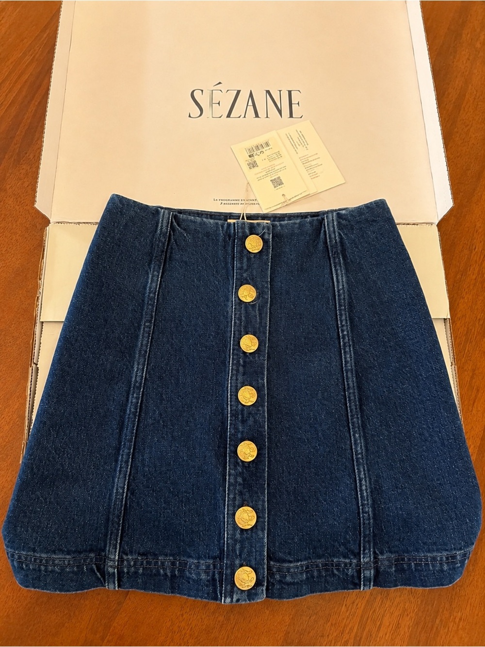 Sézane Dark Blue Denim Mini Skirt with Gold Buttons